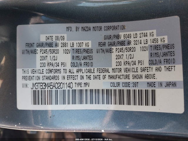 Продаж на аукціоні авто 2010 Mazda Cx-9 Grand Touring, vin: JM3TB3MA5A0201140, номер лоту: 45612530