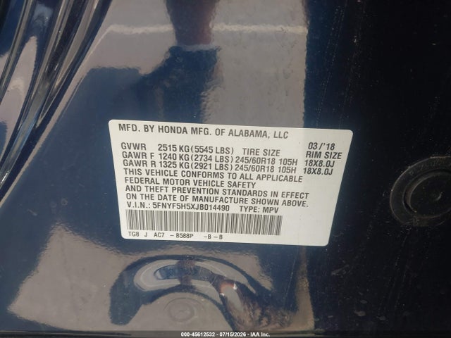 45612532 :رقم المزاد ، 5FNYF5H5XJB014490 vin ، 2018 Honda Pilot Ex-l مزاد بيع