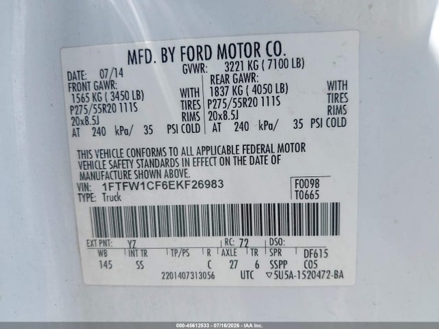 45612533 :رقم المزاد ، 1FTFW1CF6EKF26983 vin ، 2014 Ford F-150 Stx مزاد بيع