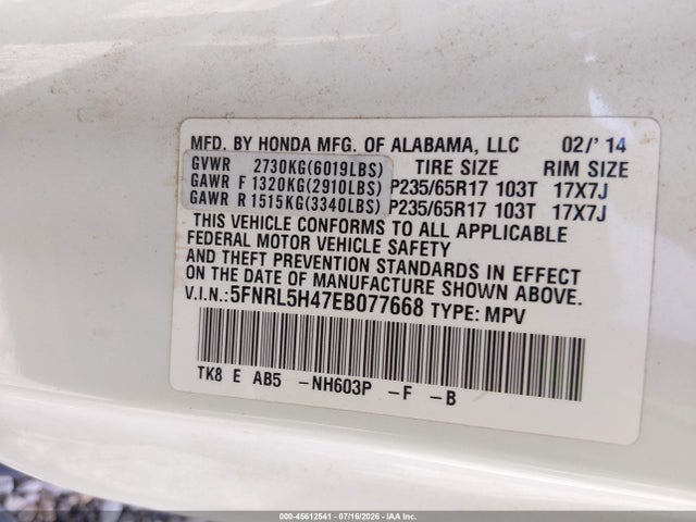 2014 Honda Odyssey Ex მანქანა იყიდება აუქციონზე, vin: 5FNRL5H47EB077668, აუქციონის ნომერი: 45612541