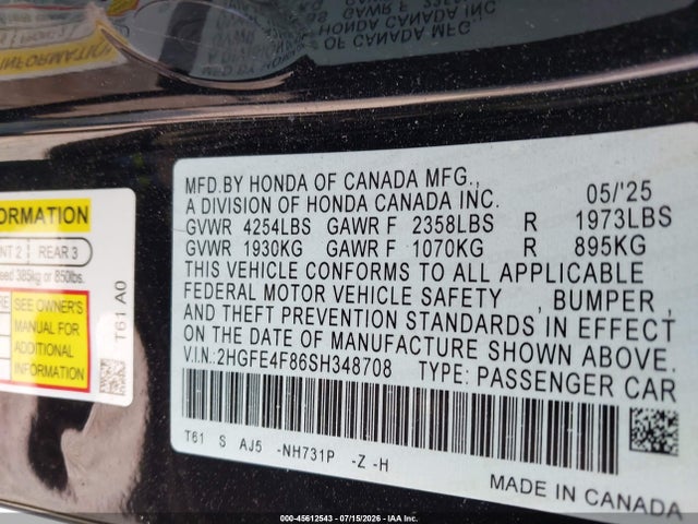 Продажа на аукционе авто 2025 Honda Civic Hybrid Sport/sport Touring, vin: 2HGFE4F86SH348708, номер лота: 45612543
