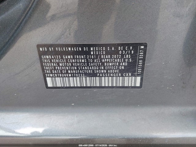 2019 Volkswagen Jetta 1.4t R-line/1.4t S/1.4t Se მანქანა იყიდება აუქციონზე, vin: 3VWCB7BU6KM170232, აუქციონის ნომერი: 45612569
