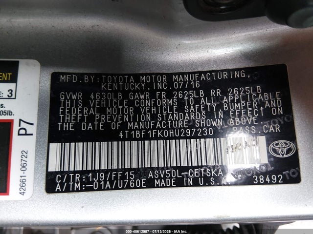 Aukcja sprzedaży 2017 Toyota Camry Se, vin: 4T1BF1FK0HU297230, numer aukcji: 45612587