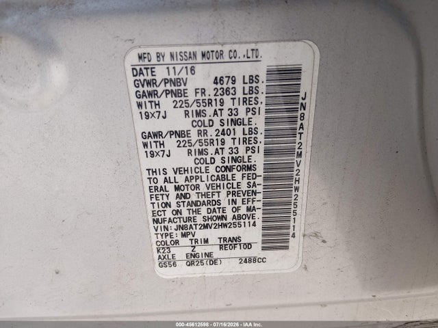 2017 Nissan Rogue Sl მანქანა იყიდება აუქციონზე, vin: JN8AT2MV2HW255114, აუქციონის ნომერი: 45612598