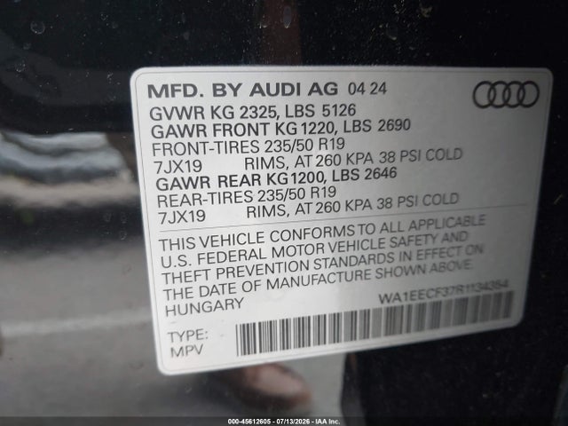 Продажа на аукционе авто 2024 Audi Q3 Premium Plus 45 Tfsi S Line Quattro Tiptronic, vin: WA1EECF37R1134354, номер лота: 45612605