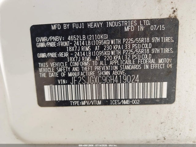 Aukcja sprzedaży 2016 Subaru Forester 2.0xt Touring, vin: JF2SJGXC9GH419024, numer aukcji: 45612606