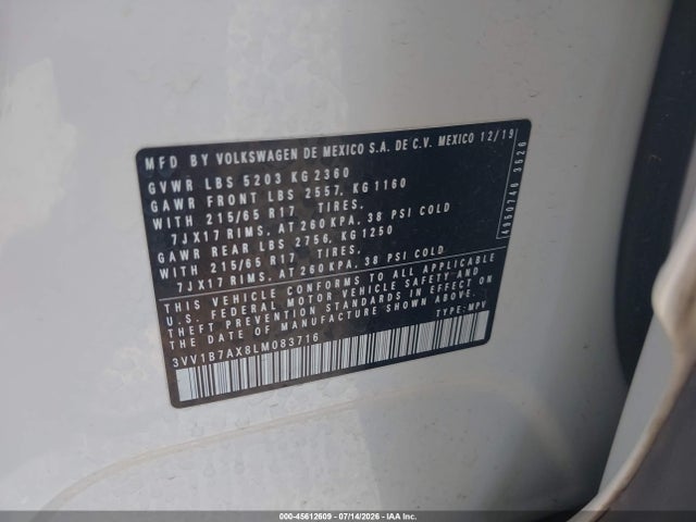 Aukcja sprzedaży 2020 Volkswagen Tiguan 2.0t S, vin: 3VV1B7AX8LM083716, numer aukcji: 45612609