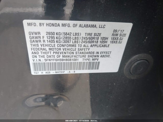 2017 Honda Pilot Ex-l მანქანა იყიდება აუქციონზე, vin: 5FNYF6H59HB081081, აუქციონის ნომერი: 45612621