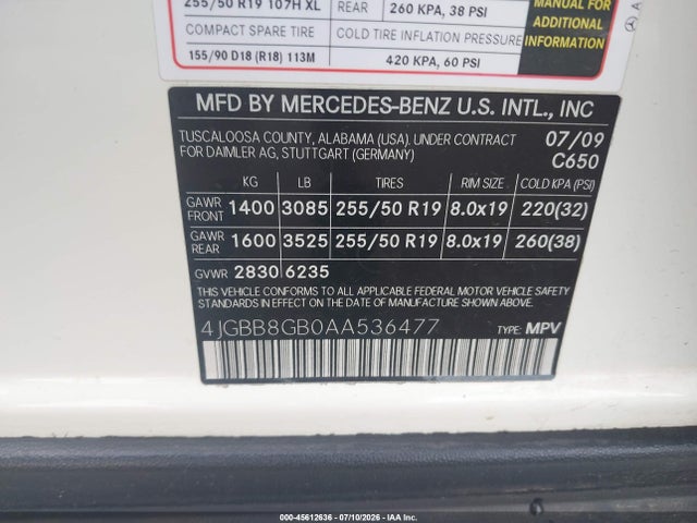 Auction sale of the 2010 Mercedes-benz Ml 350 4matic, vin: 4JGBB8GB0AA536477, lot number: 45612636