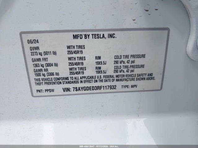 Aukcja sprzedaży 2024 Tesla Model Y Long Range Single Motor Rear-wheel Drive/rwd, vin: 7SAYGDED3RF117932, numer aukcji: 45612647