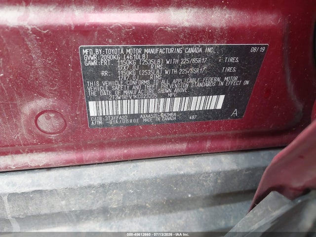 45612660 :رقم المزاد ، 2T3W1RFV1KC023205 vin ، 2019 Toyota Rav4 Xle مزاد بيع