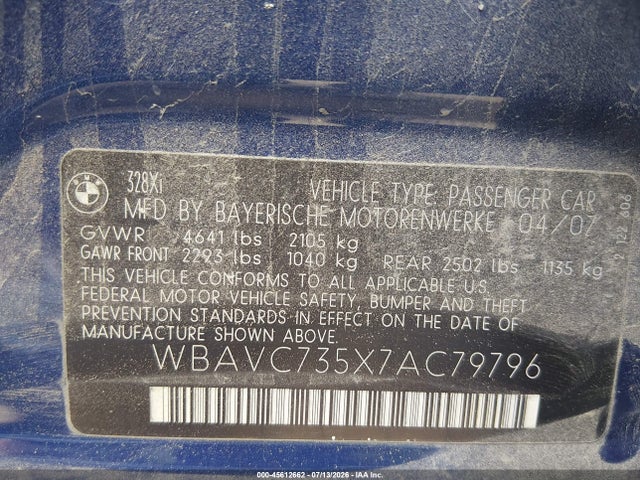 Продаж на аукціоні авто 2007 Bmw 328xi, vin: WBAVC735X7AC79796, номер лоту: 45612662
