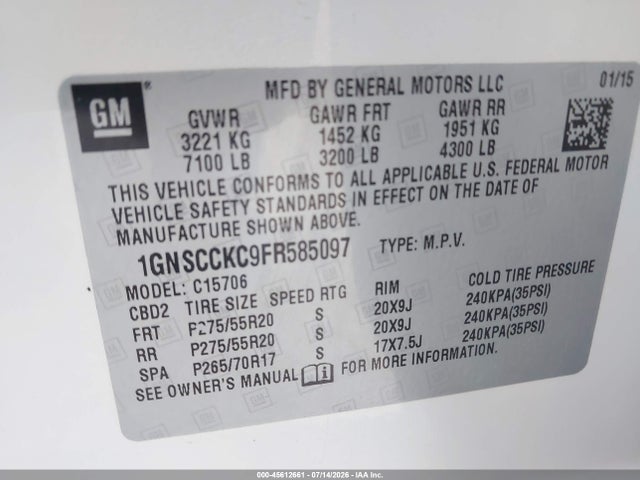 Aukcja sprzedaży 2015 Chevrolet Tahoe Ltz, vin: 1GNSCCKC9FR585097, numer aukcji: 45612661