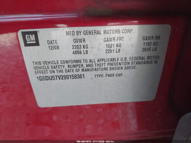 Продаж на аукціоні авто 2009 Cadillac Cts Rwd W/1sb, vin: 1G6DU57V290158361, номер лоту: 45612675