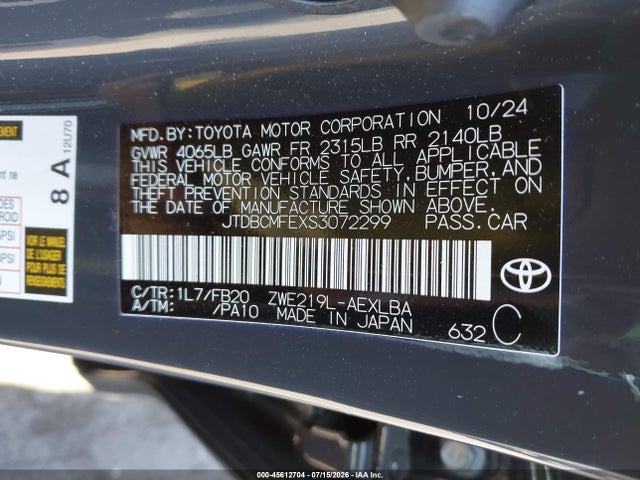 45612704 :رقم المزاد ، JTDBCMFEXS3072299 vin ، 2025 Toyota Corolla Hybrid Le مزاد بيع