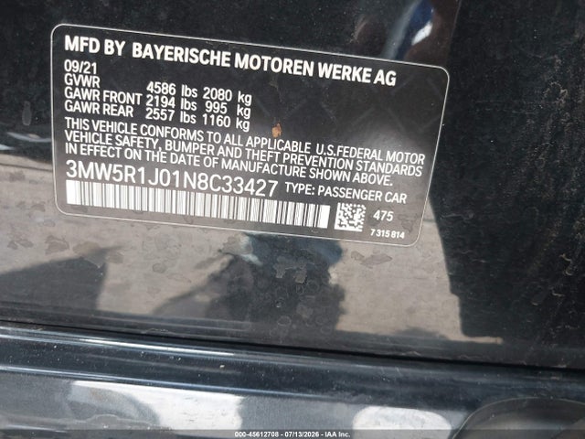 Aukcja sprzedaży 2022 Bmw 330i, vin: 3MW5R1J01N8C33427, numer aukcji: 45612708
