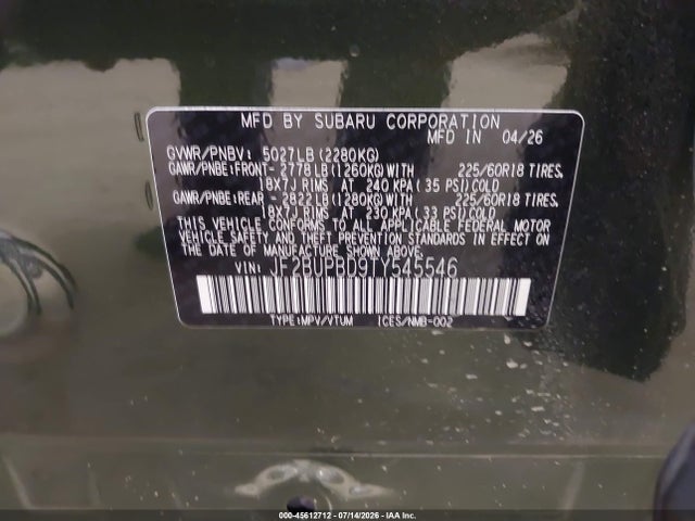 Aukcja sprzedaży 2026 Subaru Outback Premium, vin: JF2BUPBD9TY545546, numer aukcji: 45612712