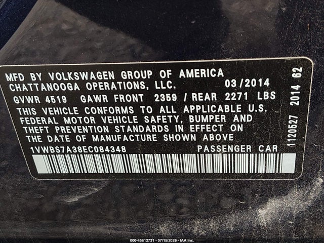2014 Volkswagen Passat 1.8t Se მანქანა იყიდება აუქციონზე, vin: 1VWBS7A38EC084348, აუქციონის ნომერი: 45612731