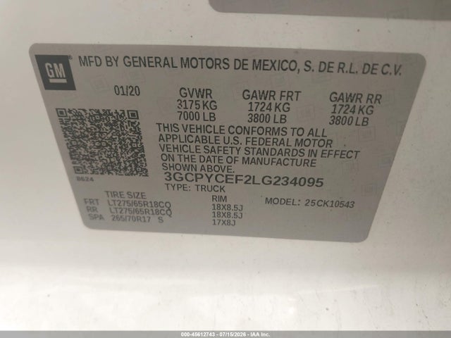 Aukcja sprzedaży 2020 Chevrolet Silverado 1500 4wd  Short Bed Custom Trail Boss, vin: 3GCPYCEF2LG234095, numer aukcji: 45612743