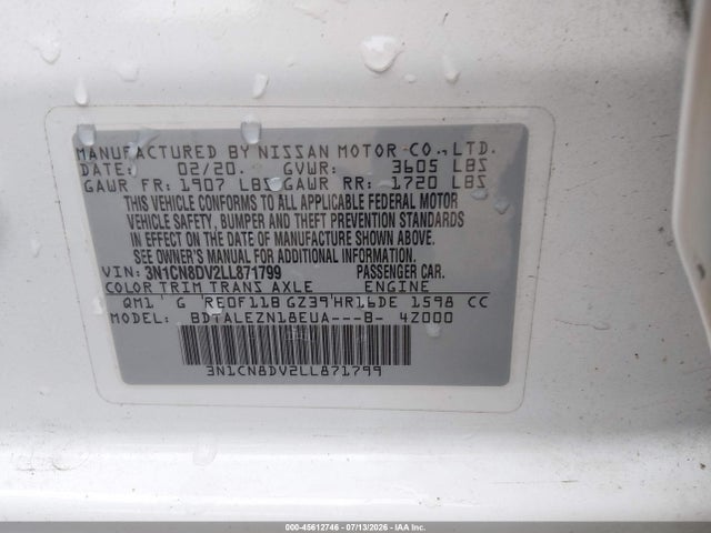 Продажа на аукционе авто 2020 Nissan Versa S Xtronic Cvt, vin: 3N1CN8DV2LL871799, номер лота: 45612746