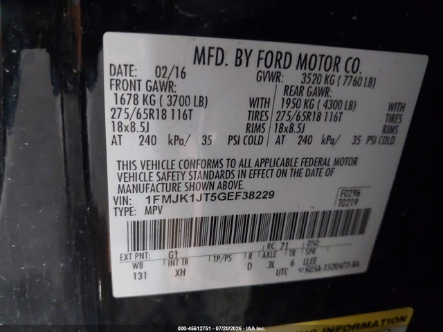 Ford Expedition El Xlt 2016 1FMJK1JT5GEF38229 Image 9