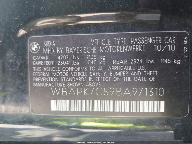 45612780 :رقم المزاد ، WBAPK7C59BA971310 vin ، 2011 Bmw 328i Xdrive مزاد بيع