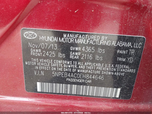 Продажа на аукционе авто 2014 Hyundai Sonata Gls, vin: 5NPEB4AC0EH844646, номер лота: 45612783