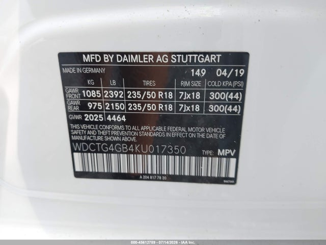 45612789 :رقم المزاد ، WDCTG4GB4KU017350 vin ، 2019 Mercedes-benz Gla 250 4matic مزاد بيع