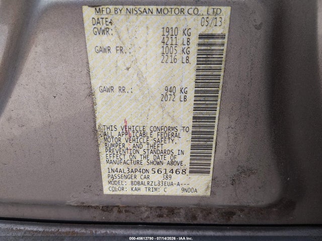 2013 Nissan Altima 2.5 S მანქანა იყიდება აუქციონზე, vin: 1N4AL3AP4DN561468, აუქციონის ნომერი: 45612790