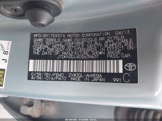 45612803 :رقم المزاد ، JTDKN3DU4D5639631 vin ، 2013 Toyota Prius Three مزاد بيع