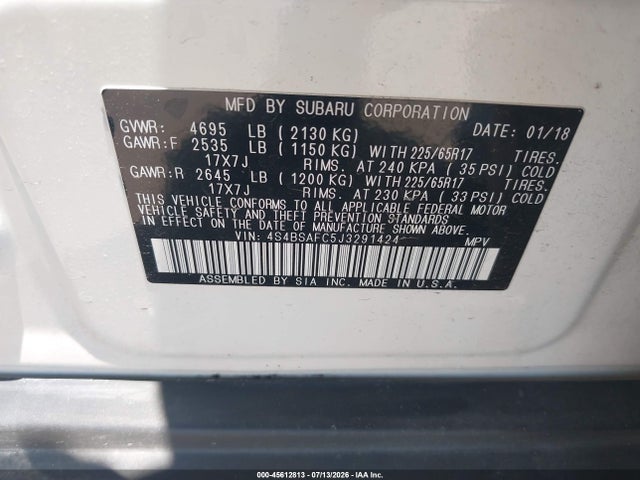 2018 Subaru Outback 2.5i Premium მანქანა იყიდება აუქციონზე, vin: 4S4BSAFC5J3291424, აუქციონის ნომერი: 45612813