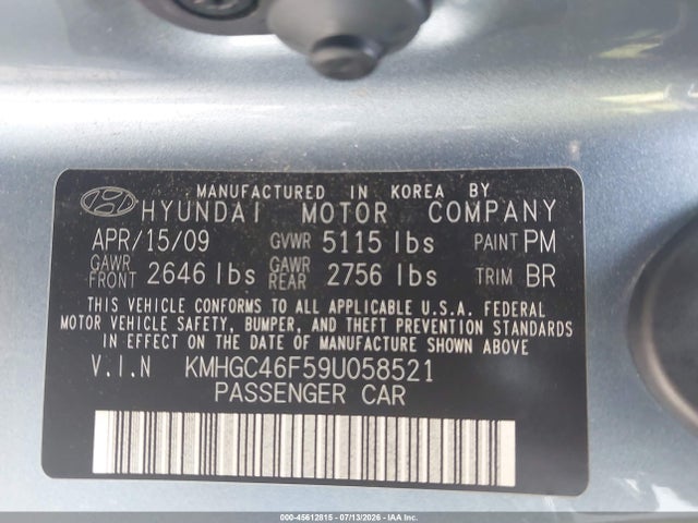 Продаж на аукціоні авто 2009 Hyundai Genesis 4.6, vin: KMHGC46F59U058521, номер лоту: 45612815