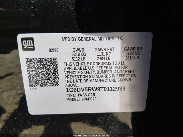 2026 Cadillac Ct5-v V-series Rwd მანქანა იყიდება აუქციონზე, vin: 1G6DV5RW9T0112939, აუქციონის ნომერი: 45612819