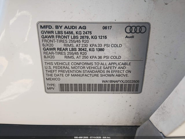 45612855 :رقم المزاد ، WA1BNAFYXJ2022505 vin ، 2018 Audi Q5 2.0t Premium/2.0t Tech Premium مزاد بيع