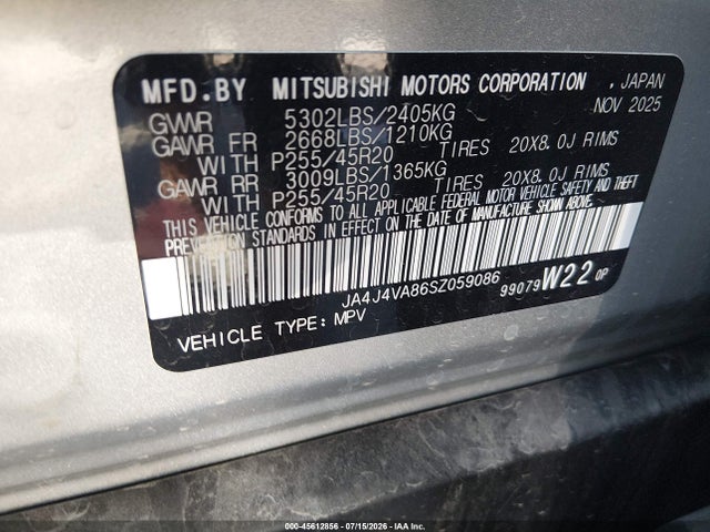2025 Mitsubishi Outlander Se 2.5 S-awc/trail Edition S-awc მანქანა იყიდება აუქციონზე, vin: JA4J4VA86SZ059086, აუქციონის ნომერი: 45612856