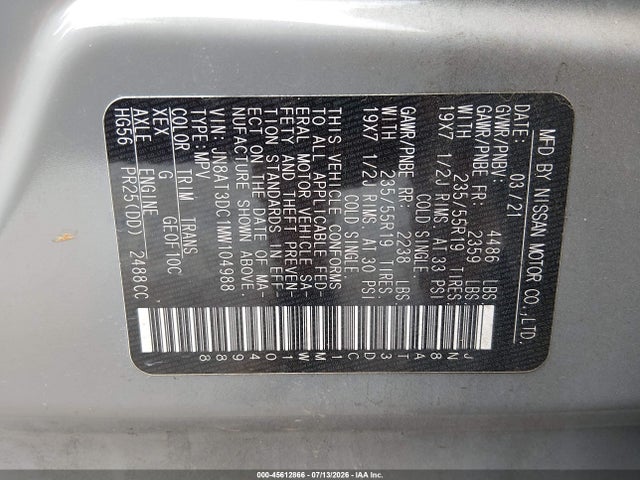 JN8AT3DC1MW104988 Nissan Rogue Platinum Fwd