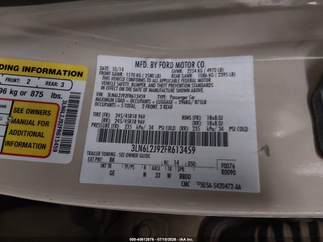Aukcja sprzedaży 2015 Lincoln Mkz, vin: 3LN6L2J92FR613459, numer aukcji: 45612876