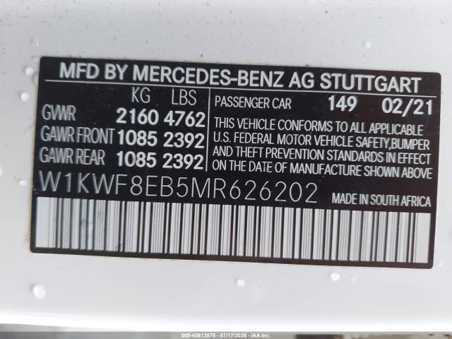 45612878 :رقم المزاد ، W1KWF8EB5MR626202 vin ، 2021 Mercedes-benz C 300 4matic مزاد بيع