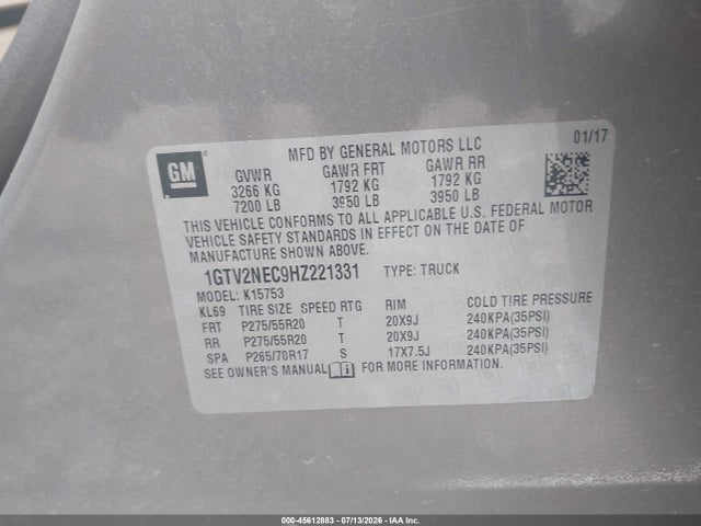 Продажа на аукционе авто 2017 Gmc Sierra 1500 Slt, vin: 1GTV2NEC9HZ221331, номер лота: 45612883