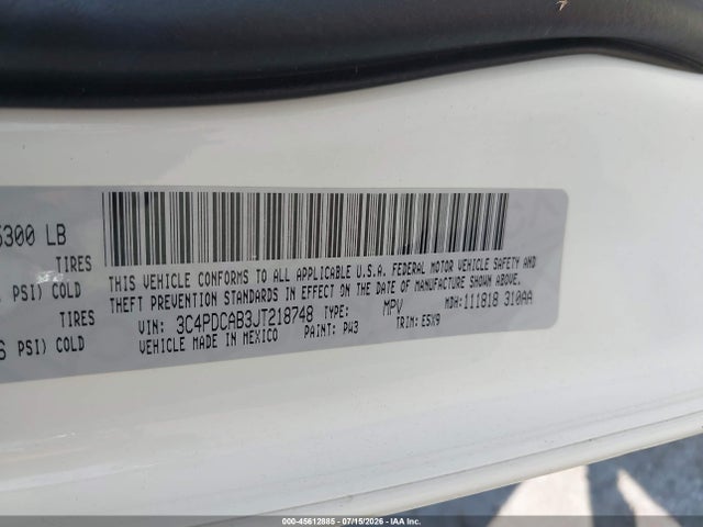 Aukcja sprzedaży 2018 Dodge Journey Se, vin: 3C4PDCAB3JT218748, numer aukcji: 45612885