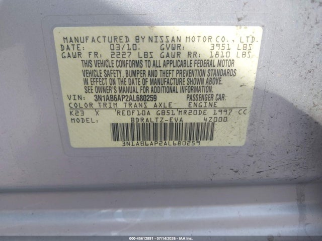 45612891 :رقم المزاد ، 3N1AB6AP2AL680259 vin ، 2010 Nissan Sentra 2.0s مزاد بيع