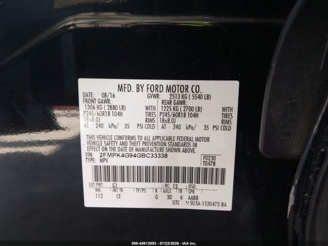 45612893 :رقم المزاد ، 2FMPK4G94GBC33338 vin ، 2016 Ford Edge Se مزاد بيع