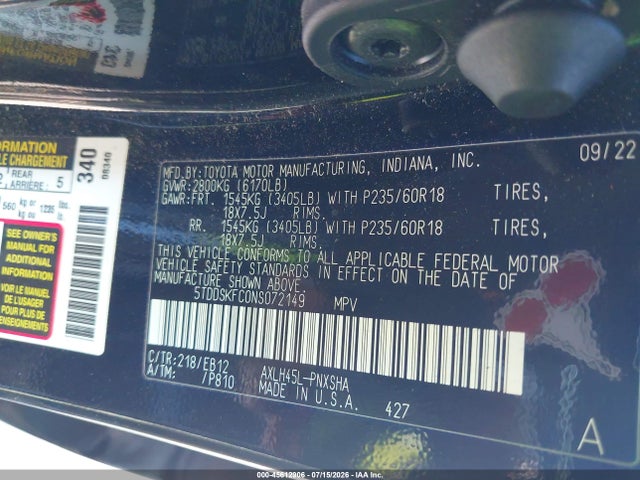 2022 Toyota Sienna Xse მანქანა იყიდება აუქციონზე, vin: 5TDDSKFC0NS072149, აუქციონის ნომერი: 45612906