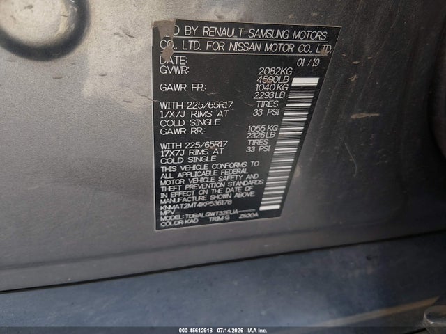 45612918 :رقم المزاد ، KNMAT2MT4KP536178 vin ، 2019 Nissan Rogue Sv مزاد بيع