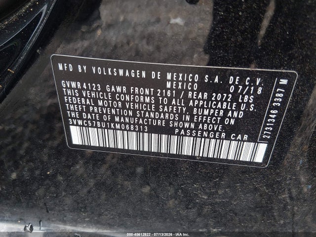 45612922 :رقم المزاد ، 3VWC57BU1KM068313 vin ، 2019 Volkswagen Jetta 1.4t R-line/1.4t S/1.4t Se مزاد بيع