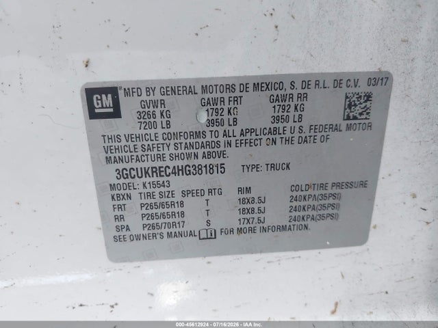 Продаж на аукціоні авто 2017 Chevrolet Silverado 1500 Lt, vin: 3GCUKREC4HG381815, номер лоту: 45612924
