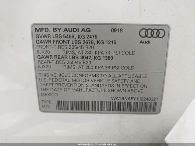 Продаж на аукціоні авто 2018 Audi Q5 2.0t Premium/2.0t Tech Premium, vin: WA1BNAFY1J2248321, номер лоту: 45612937