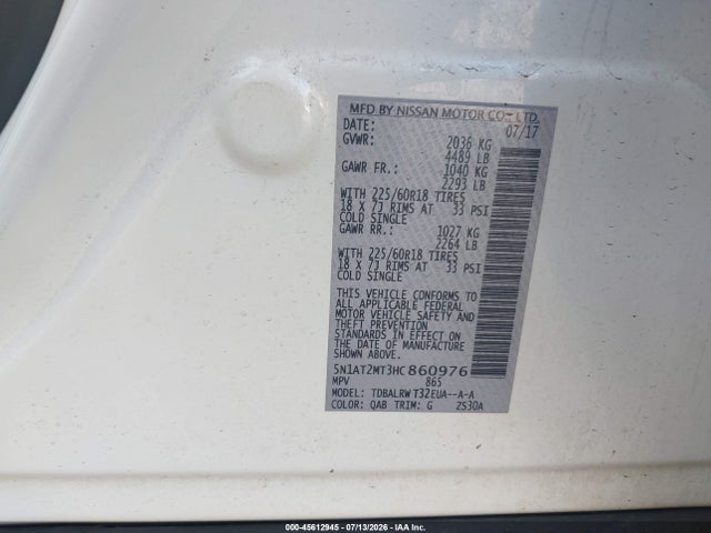 2017 Nissan Rogue Sl მანქანა იყიდება აუქციონზე, vin: 5N1AT2MT3HC860976, აუქციონის ნომერი: 45612945