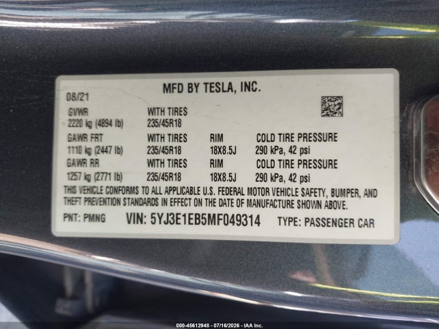 5YJ3E1EB5MF049314 Tesla Model 3 Long Range Dual Motor All-wheel Drive