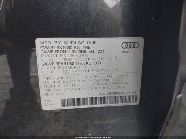 45612953 :رقم المزاد ، WA1CFAFP0FA120142 vin ، 2015 Audi Q5 2.0t Premium مزاد بيع